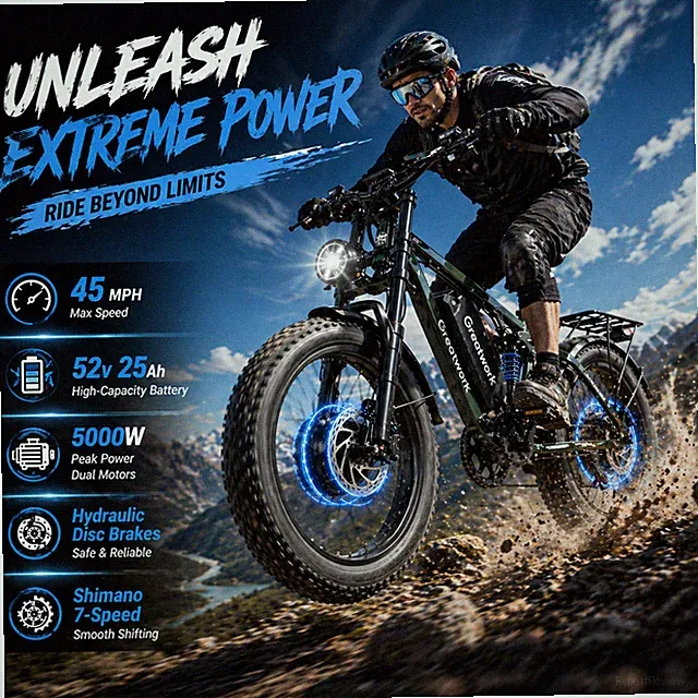 Adult Fat Tire Electric Bike, 26"/5000W/100 Miles/45MPH/7 Speed/Full Suspension